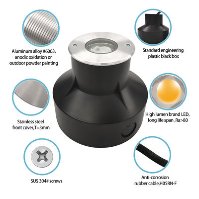 Στο έδαφος Ενσωματωμένο φωτισμό 1W 2W 3000k Θερμό λευκό IP67 Καλή διάσπαση θερμότητας Αλουμινίου σώμα