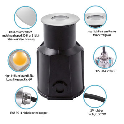 Μίνι μειωμένο 1W 2W LED υπόγειο φωτισμό πισίνας IP68 3000k 12V / 24V DC