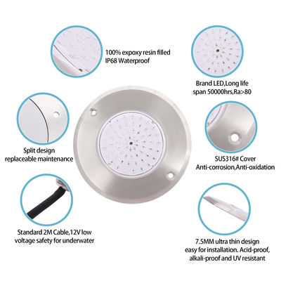 Φώτα LED πισίνας IP68 Λευκό/Θερμό Λευκό 316 Κάλυβα από ανοξείδωτο χάλυβα 6W SMD 2835 63Pcs