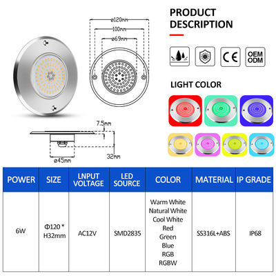 RGB Ultra Slim IP68 φωτισμός πισίνας LED SS316L στερέωμα Ενσωματωμένος τύπος SMD2835 6w υποβρύχια ανθεκτικά φώτα