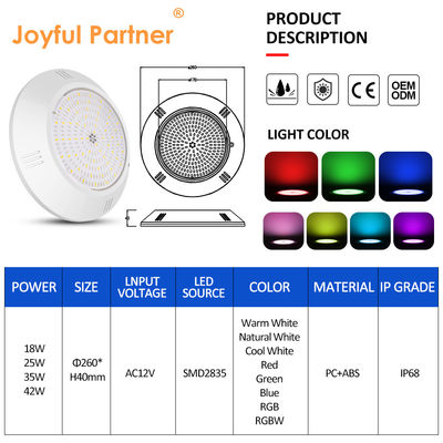Εποξυδερμίδιο γεμάτο υποβρύχια πισίνα Φως τοίχος τοποθετημένο ABS στερέωμα IP68 AC12V 18W Dia 260mm