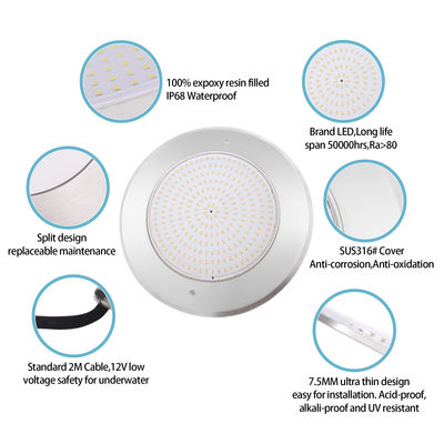 Αδιάβροχο PAR56 LED φωτισμό πισίνας 316 SS ABS στερέωμα Ultra Thin 7.5mm ρητίνη γεμάτο τοίχος Mounted 230MM 18W 25W DC AC12V