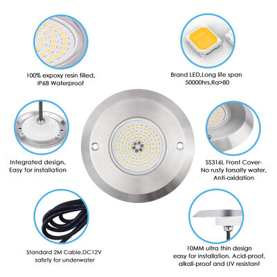 Φώτα πισίνας Led DC12V 42W 10MM πάχος ενσωματώστε SMD 2835 RGB χρώμα που αλλάζει ρητίνη γεμάτο με υλικό από ανοξείδωτο χάλυβα