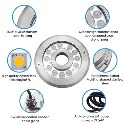 Φως υποβρύχιας βρύσης LED Ζεστό λευκό12 Volts 12W SS 316 υλικό με μήκος καλωδίου 2 μέτρων