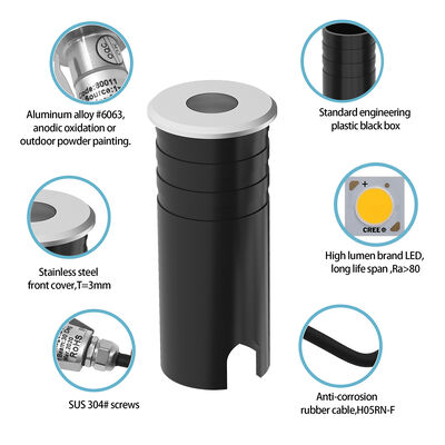 LED Uplight 316 Ατσάλινο κάλυμμα Αλουμινίου Σώμα λαμπτήρα Υπερασμένο γυαλί IP67 1W Θερμό λευκό 3000K